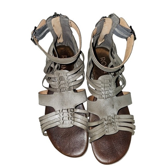 Roan Bed Stu Shoes - Roan Flat Soft Leather Distressed Gray Gladiator Sandals Ankle Straps Size 9
